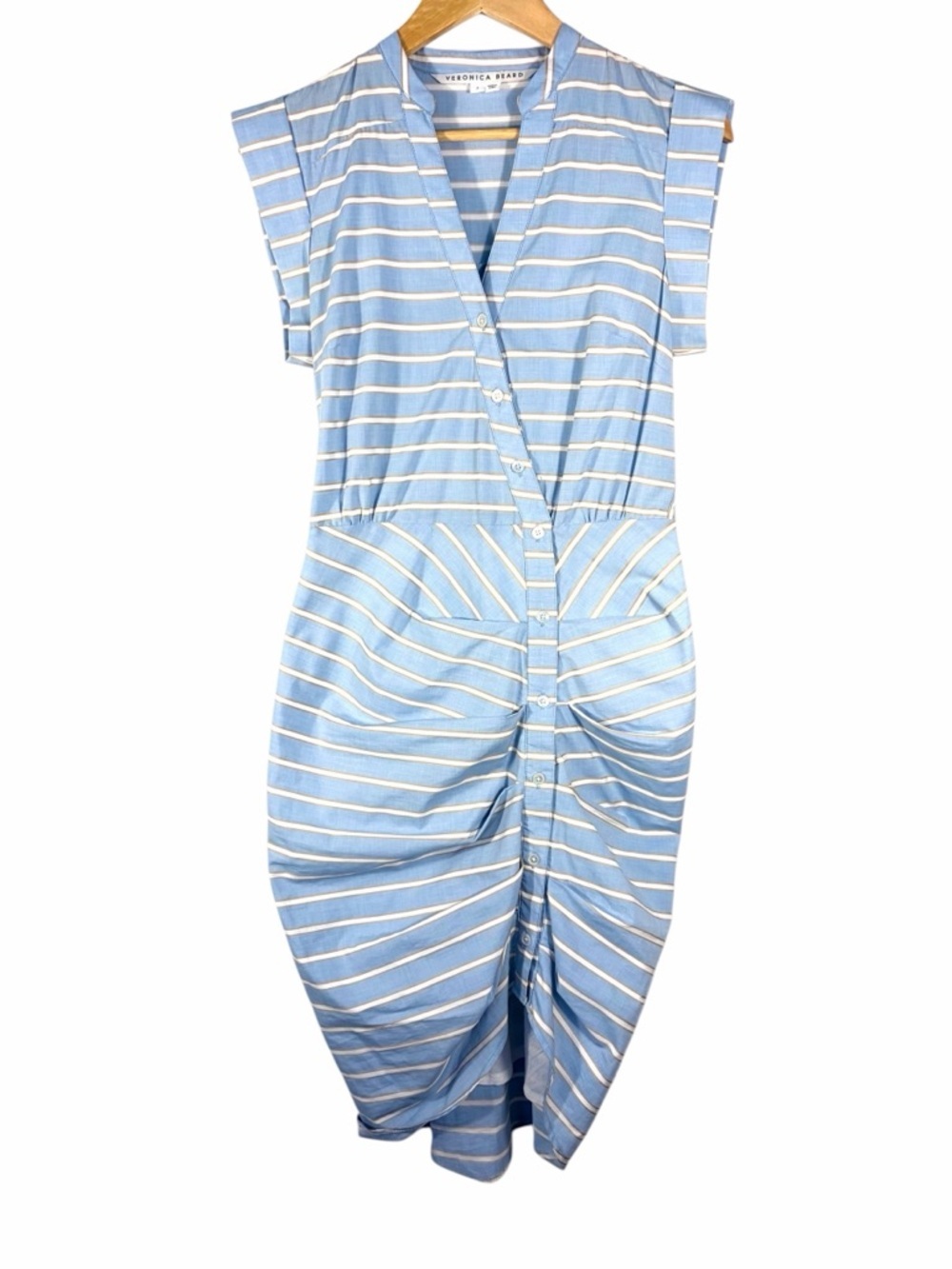 Veronica Beard Light Blue & White Striped Button Front Dress. Rouched.